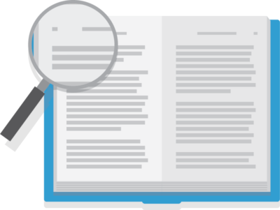 Research Library (logo: magnifiying glass looking at book)