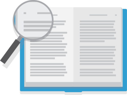 Research Library (logo: magnifiying glass looking at book)