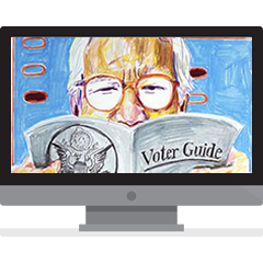 Drawing of a voter reading a voter guide
