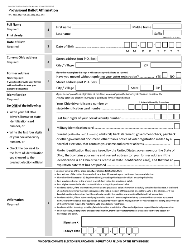 Ohio provisional ballot form in 2014