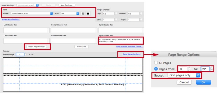 Add footer dialog screen shot with location of options highlighted