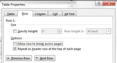 Screen shot for table header rows