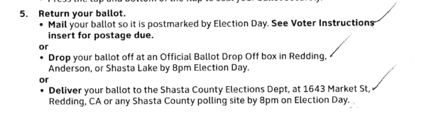 A list of options for returning the ballot, with a hand-written mark next to each one