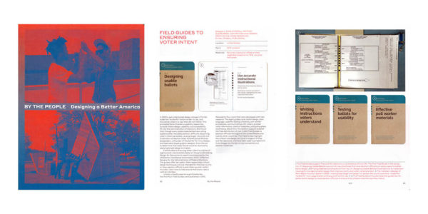 Three images from the exhibit guide: 1. Cover 2. Page with a Field Guide cover and inside page showing a tip. 3. The Palm Beach County butterfly ballot from the 2000 election and three Field Guide covers.