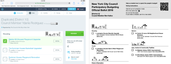 Digital ballot screen with 1 project selected and the top of a paper ballot with 2 columns of projects.