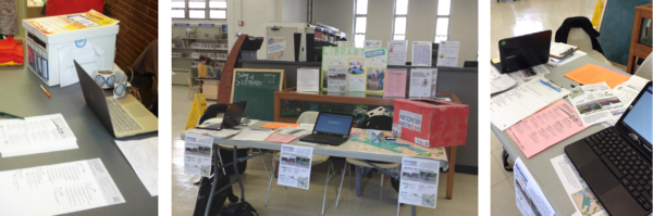Pictures of three tables showing materials crowding the table