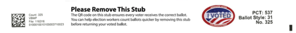 Stub with the instruction Please remove this stub: The QR code on this stub ensures every voter receives the correct ballot. You can help election workers count ballots quicker by removing this stub before returning your voted ballot.