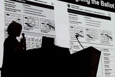 A person is outlined in shadow against a slide showing two ballots