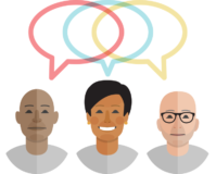 3 cartoons of people with different colored speech balloons overlapping