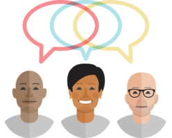 3 cartoons of people with different colored speech balloons overlapping
