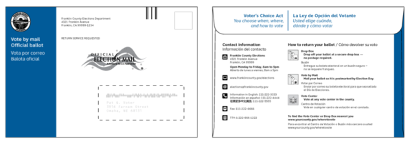 Images of the front and back of the outgoing envelopes.
