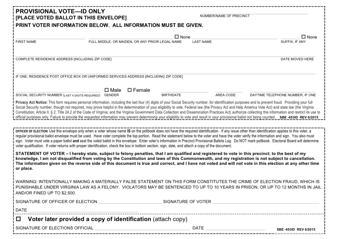 Virginia provisional ballot envelope