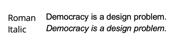 Illustration of roman and italic type using the text democracy is a design problem
