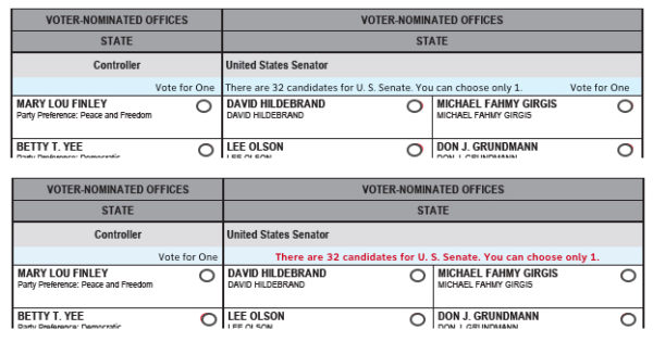 Paper ballot images showing different typography for instructions
