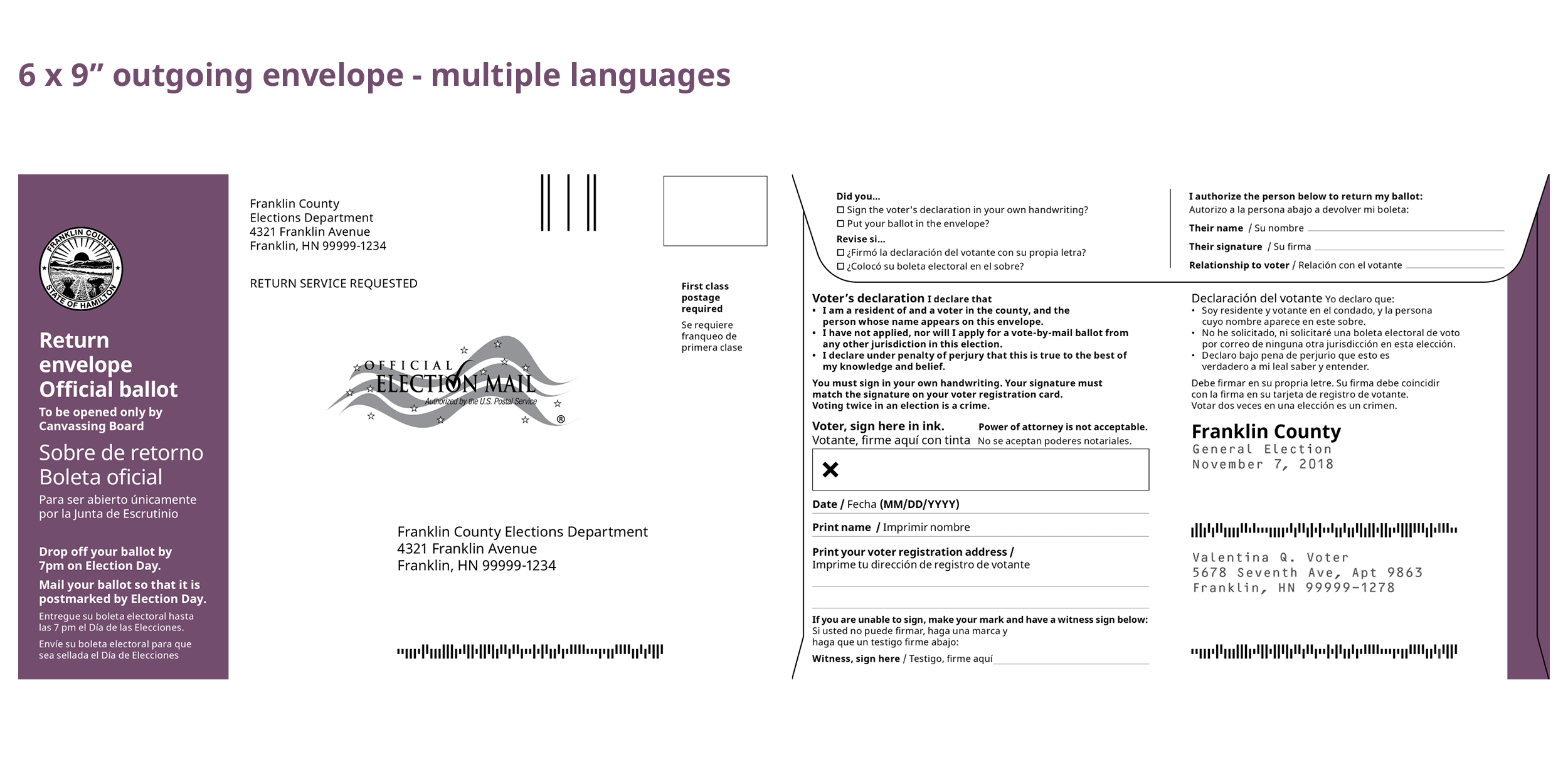 Images of front and back of return envelopes at 6 x 9 inches.