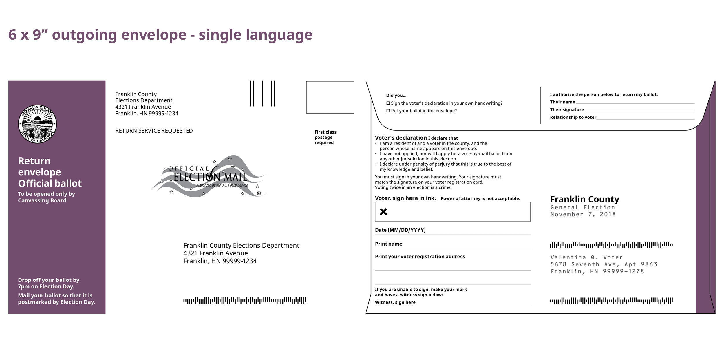 Images of front and back of return envelopes at 6 x 9 inches.