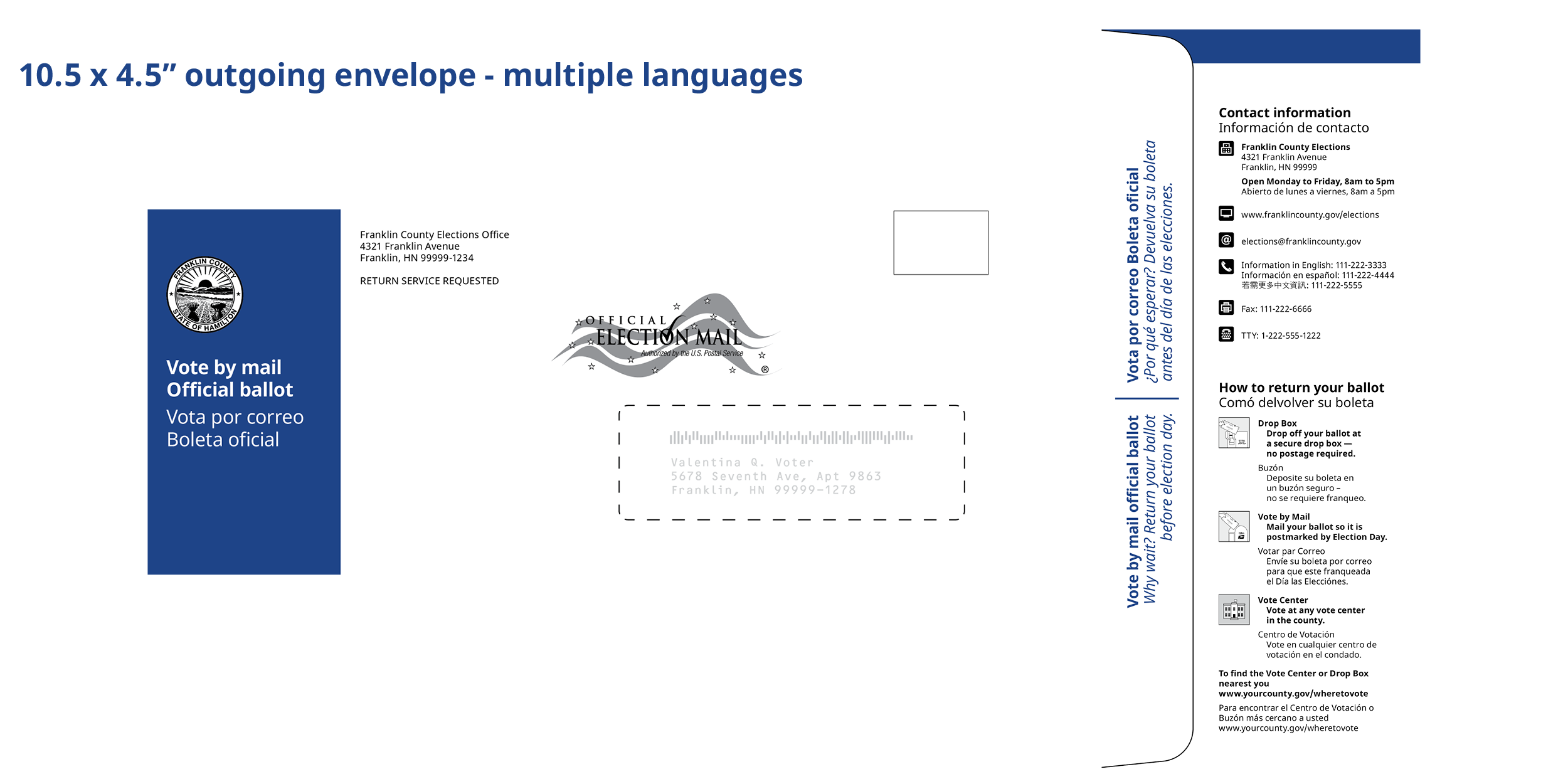Images of front and back of outgoing envelope at 10.5x4.5 inches.