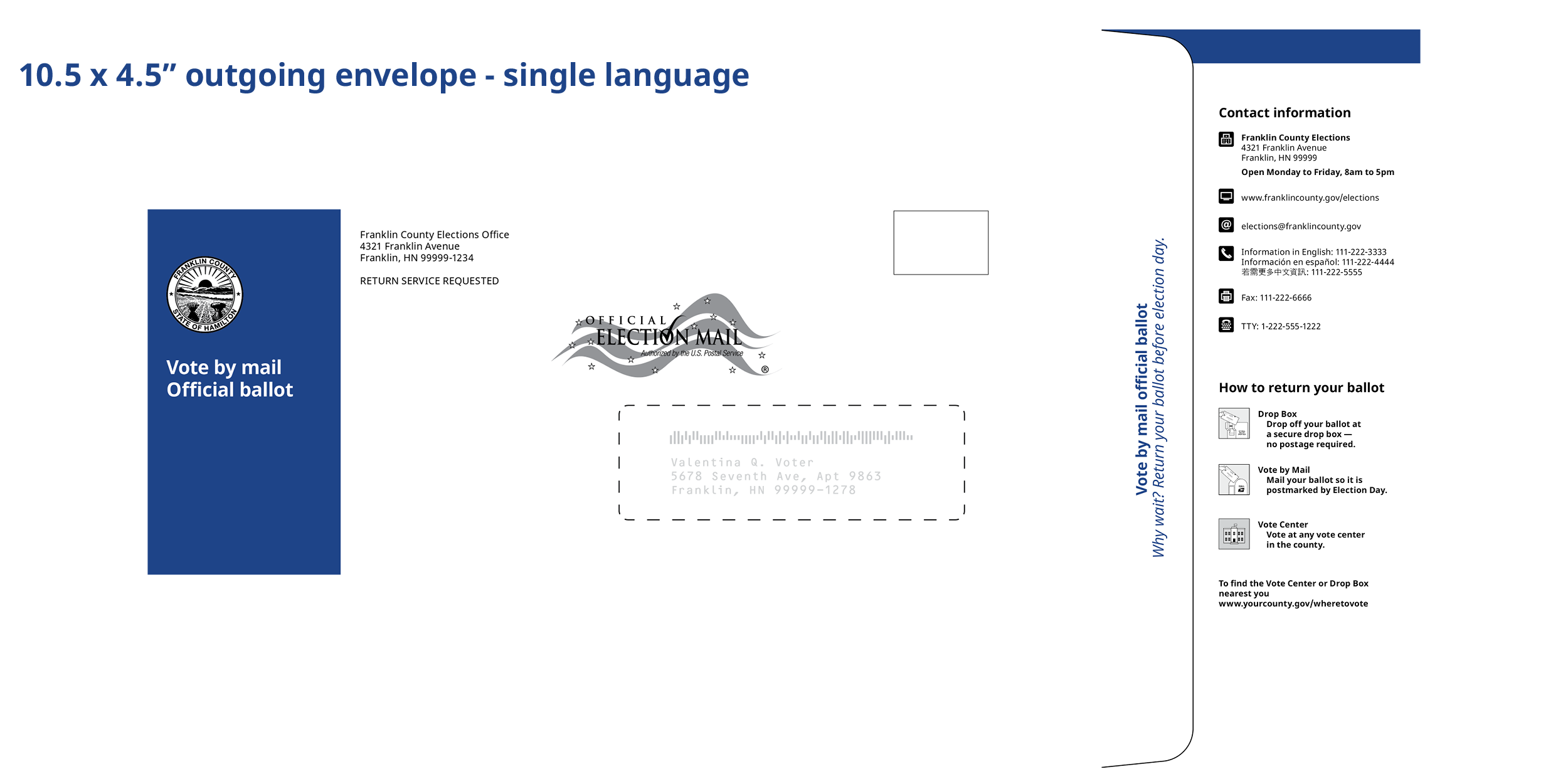 Images of front and back of outgoing envelopes at 10.5x4.5 inches.