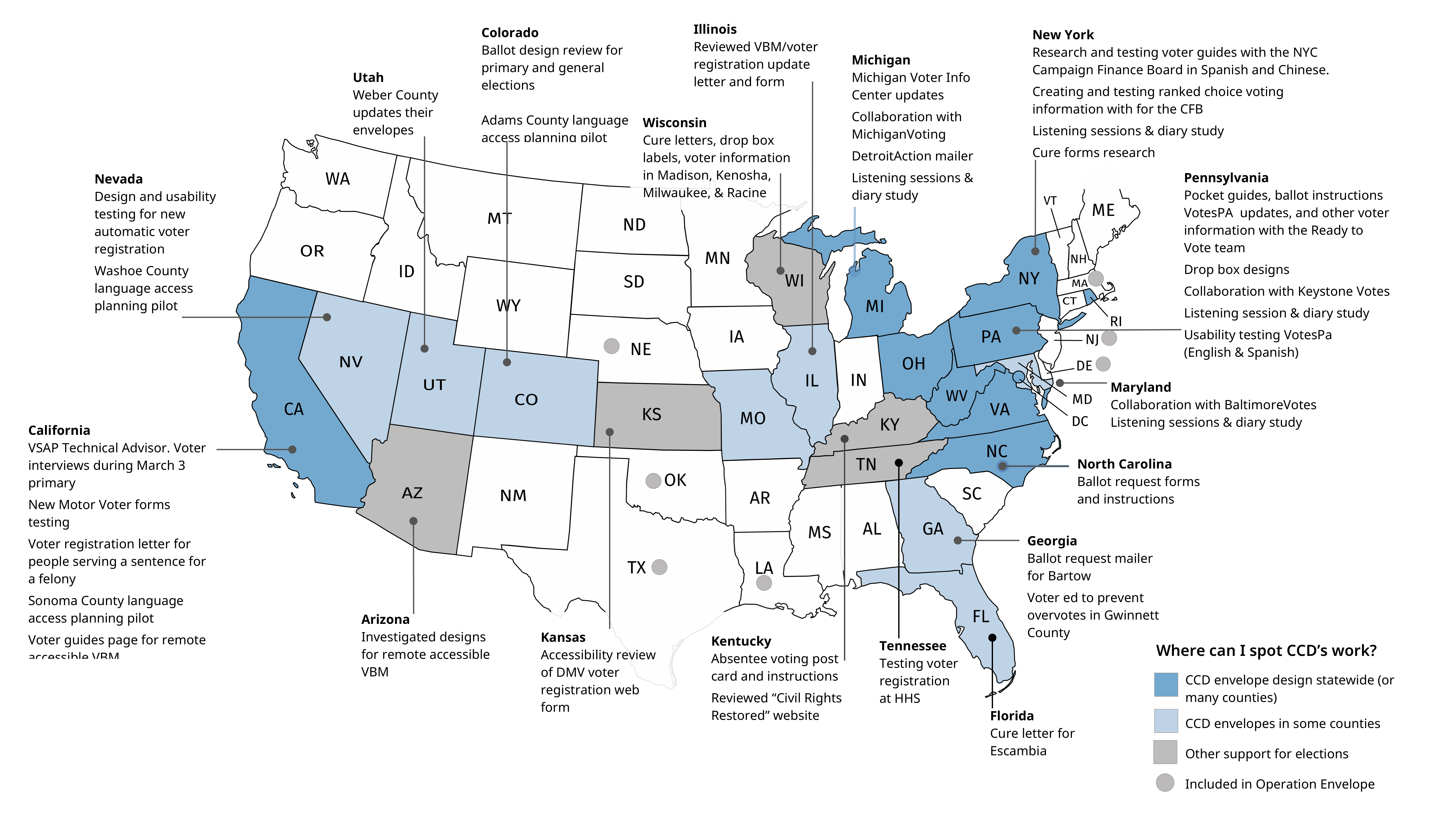 Where can I spot CCD's work? In 2020, CCD's envelope design was used statewide in CA, MI, OH, PA, NY, WV, VA, and NC. CCD's envelope design was used in some counties in NV, UT, CO, MO, IL, GA, FL, and MD. CCD provided other support for elections in AZ, KS, WI, TN, and KY. Operation Envelope also reached NE, TX, OK, LA, DE, NJ, and MA.