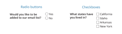 Example showing a question followed by 2 radio buttons and a question followed by 4 check boxes.