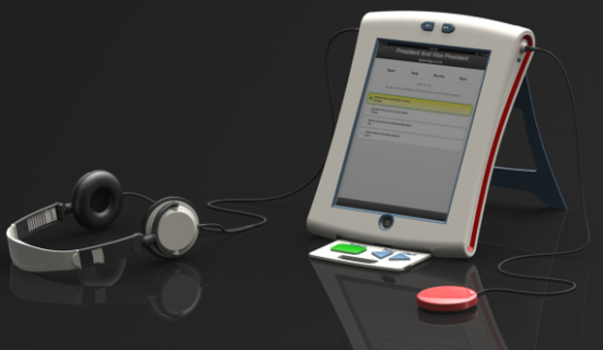 An iPad in a stand-up case showing a voting interface. there is a tactle keypad, headphones and a switch button in front of it