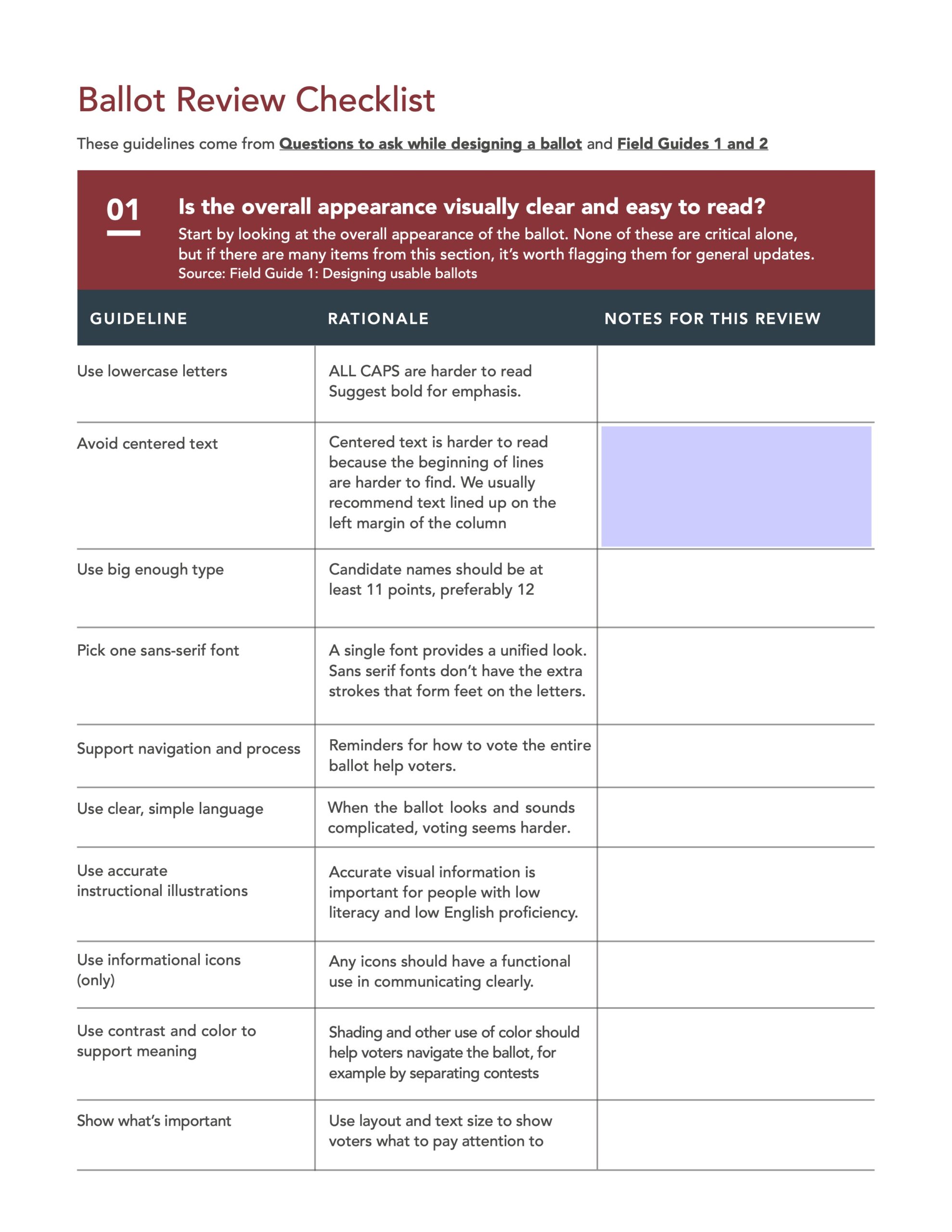 Front page of a checklist. There is a red bar at the top of the page with indistinguishable white text. Underneath are three columns of text.