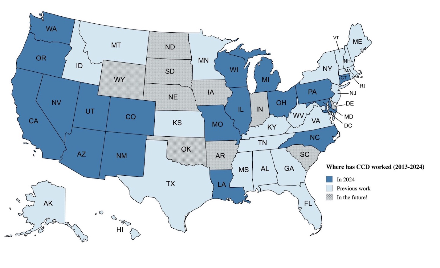 A map of the United States that shows our work in 18 states in 2024