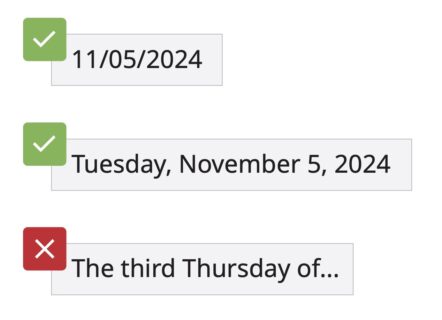 An image of the date November 5, 2024 written in 3 different ways 