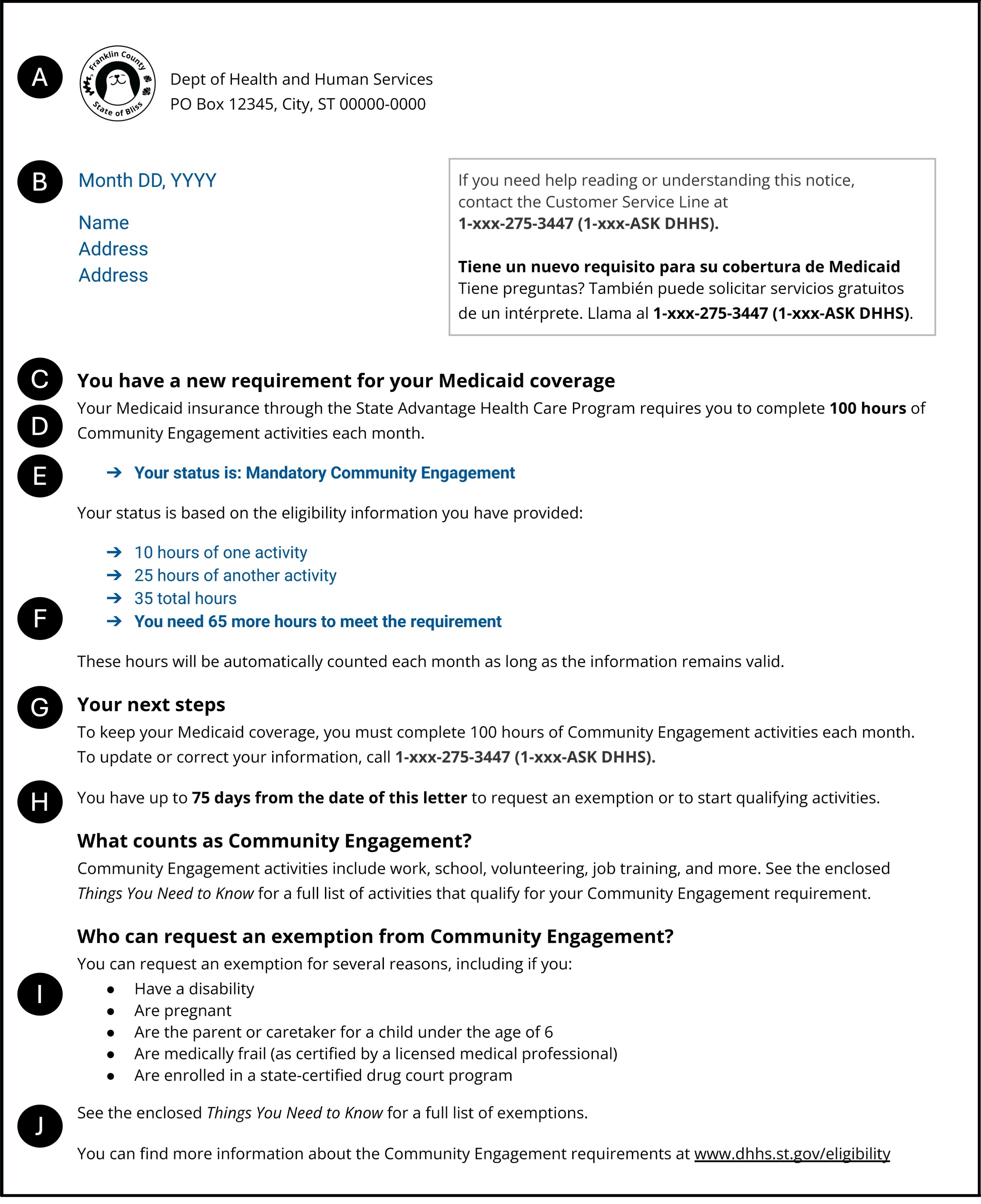 A plain language version of a Medicaid letter with areas for improvements pointed out.