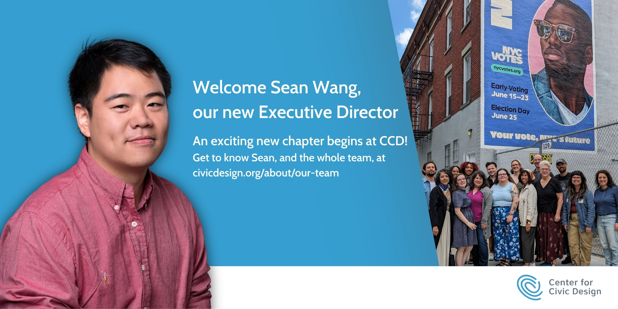 an image with Sean Wang and text that reads "Welcome Sean Wang, our new Executive Director" 