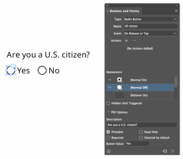 A radio button next to the buttons and forms panel