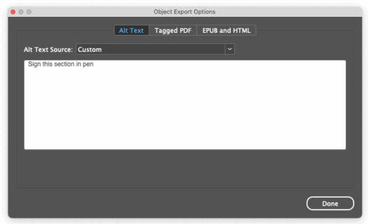 The object export options panel with alt text for a signature field