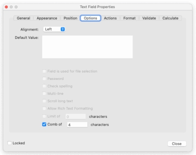 The text field properties window showing the settings for a combed field